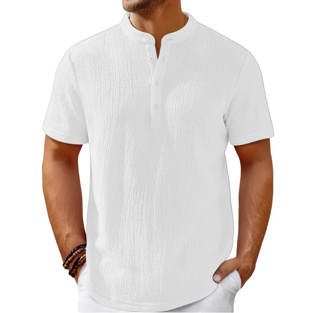 Men's Retro Cotton And Linen Striped Casual Loose Henley Shirt