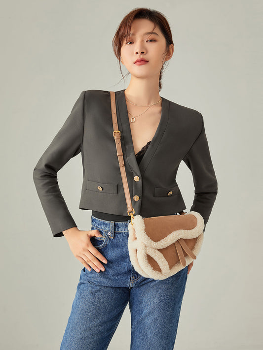 Apricot Beige Furry Saddle Shoulder Bag-1