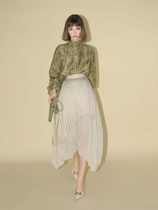 Bamboo Leaf Jacquard Ruffled Long Sleeve Blouse-1