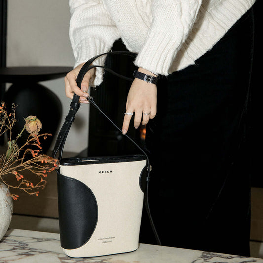 Black and White Colorblock Cross Body Bucket Bag-1