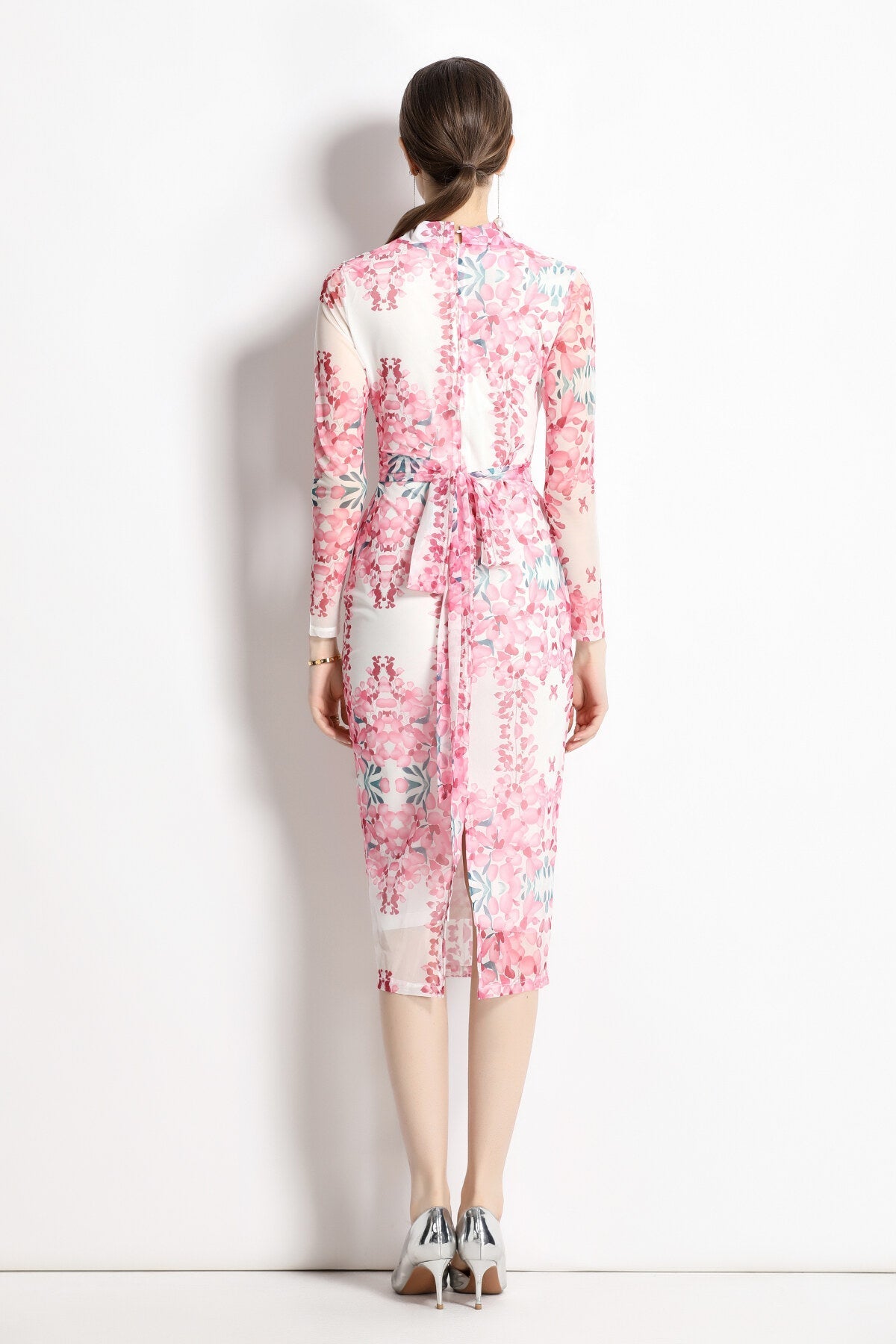 Floral Pink Plunging Fitted Garden Party Midi Dress-3