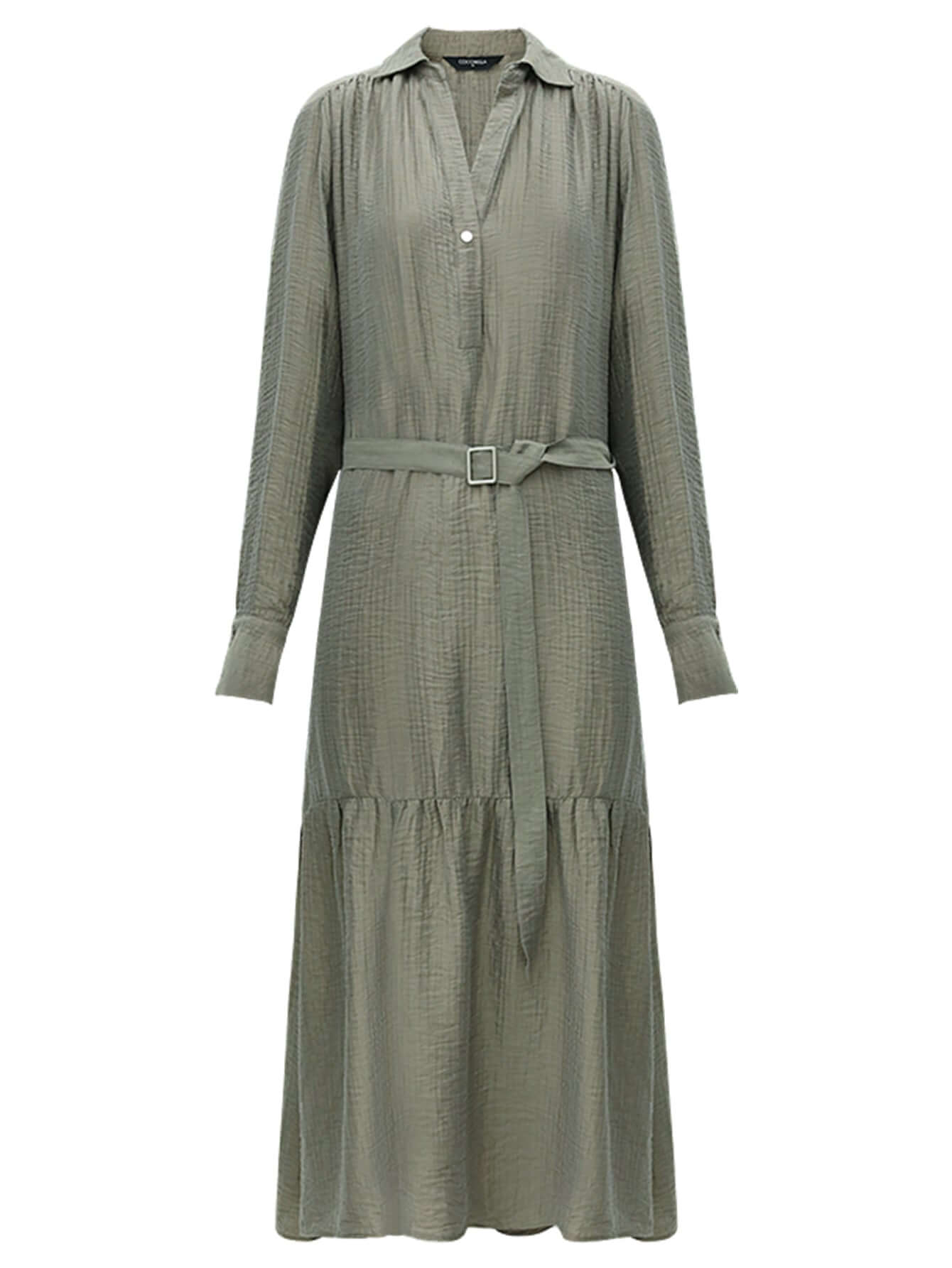 Flowy Belted Olive Shirt Dress with Pleats-3