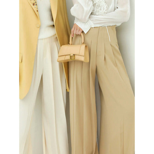 High Waist Pleated Wide Leg Beige Pants-1