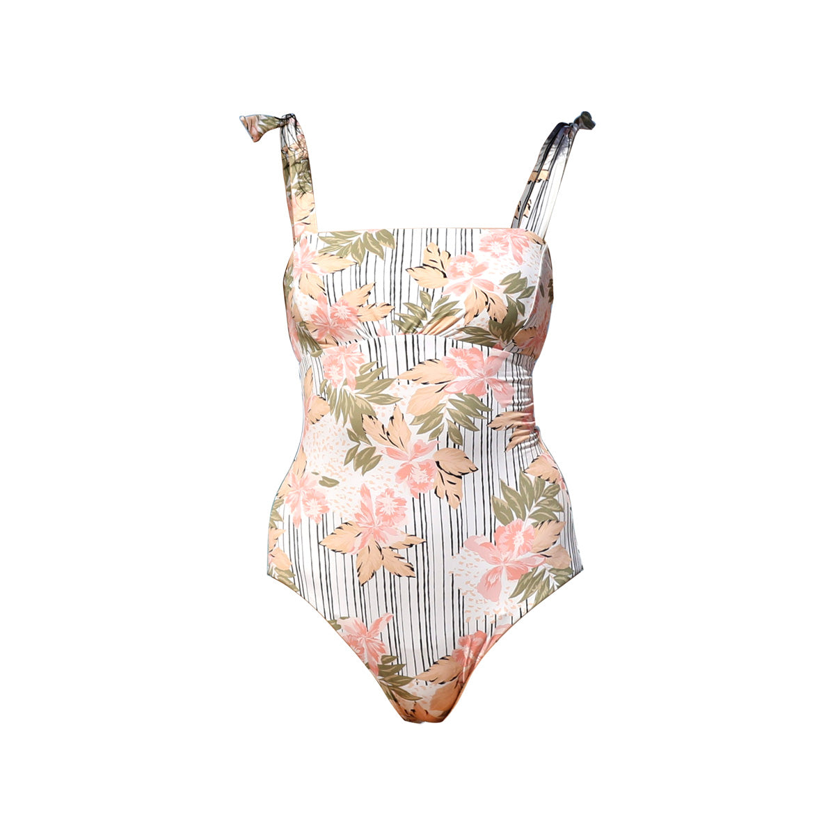 Square Neck Shoulder Tie One Piece Swimsuit-3