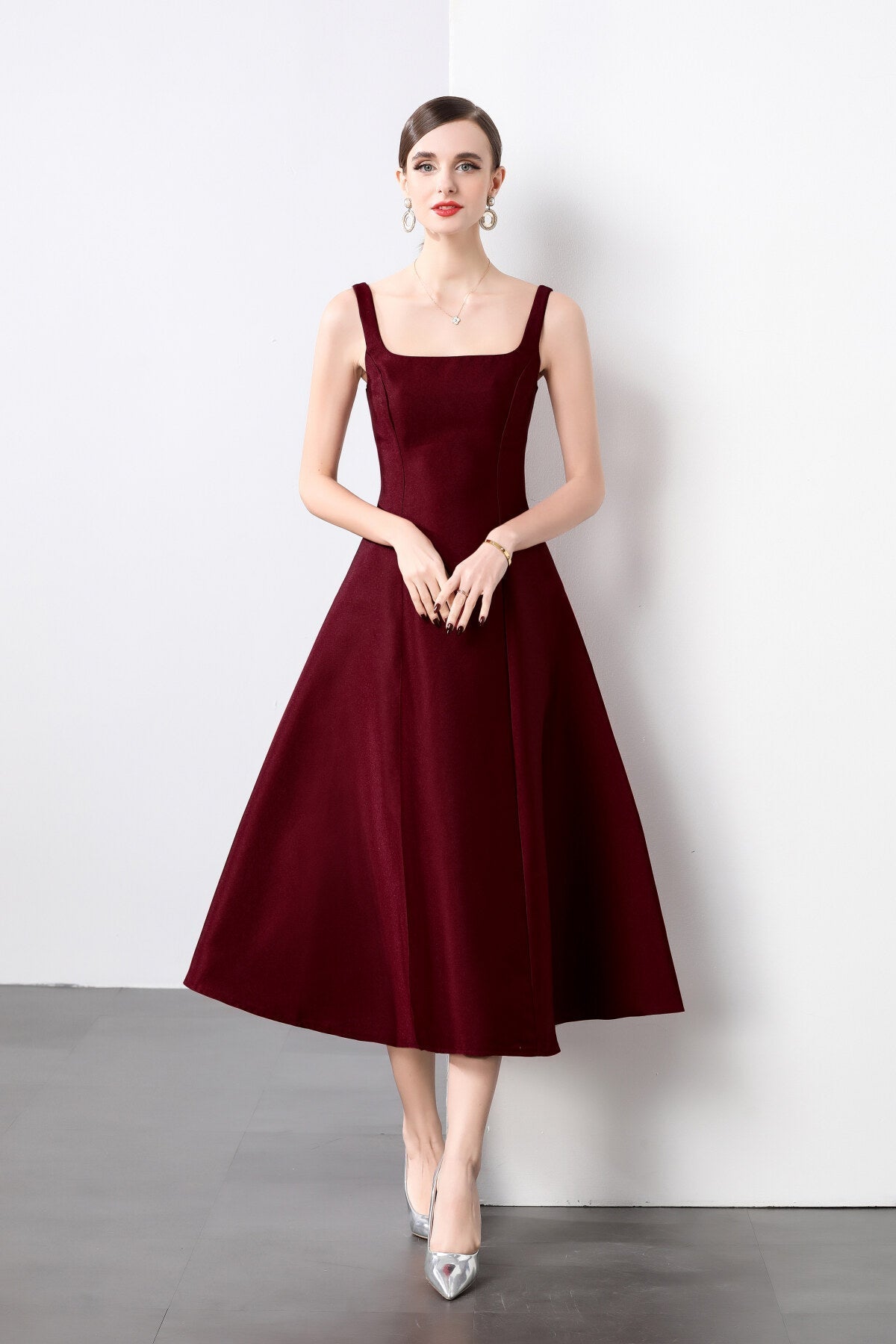 Square Neck Thick Strap Long Flared Ballerina Dress-5