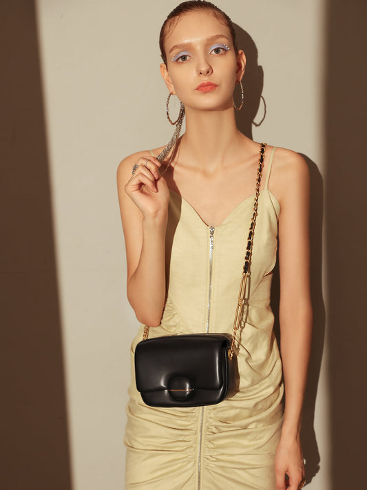 Structured Buckle Leather Shoulder Bag-1