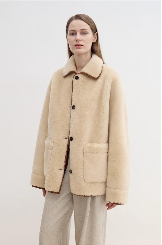 "Winter Concerto" Lapel Wool Artificial Compound Suede Vintage Contrast Colored Shearling Coat