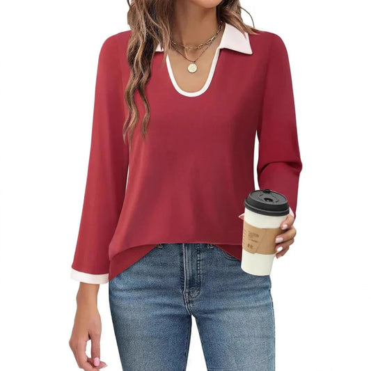 Color Matching Lapel Collar Long Sleeve Top T-Shirt For Women