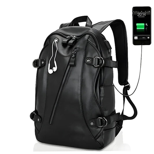 Men's Leather USB Charging Backpack