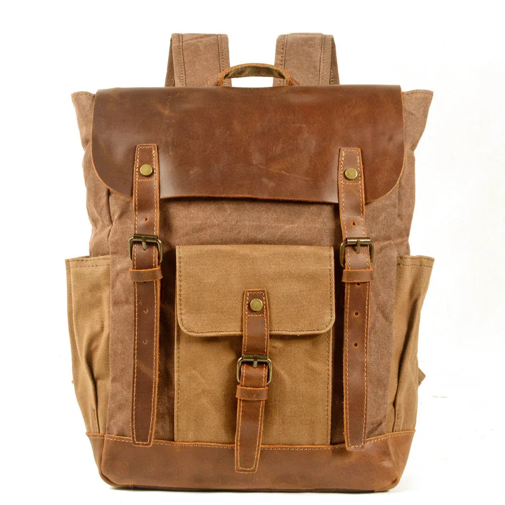 Canvas Stitching Horse Leather Backpack Oil Wax Waterproof Computer Schoolbag
