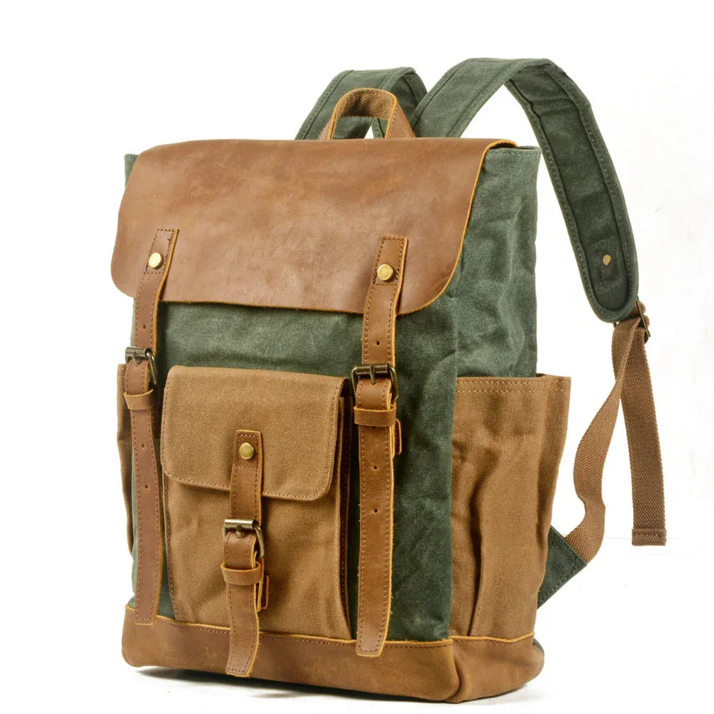 Canvas Stitching Horse Leather Backpack Oil Wax Waterproof Computer Schoolbag