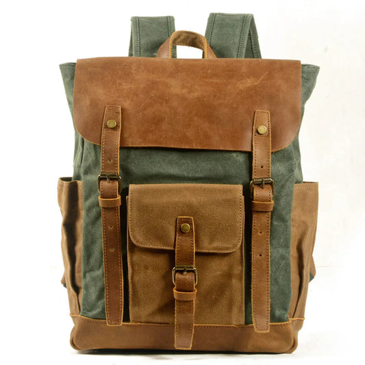 Canvas Stitching Horse Leather Backpack Oil Wax Waterproof Computer Schoolbag