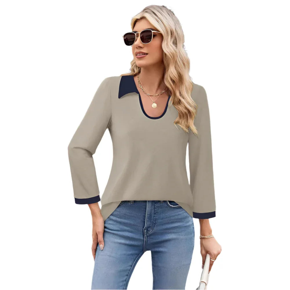 Color Matching Lapel Collar Long Sleeve Top T-Shirt For Women