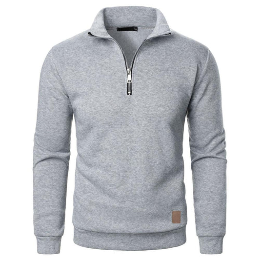 Men's Stand Collar Half Zip Long-Sleeved Casual Solid Color Fleece Top Sweater