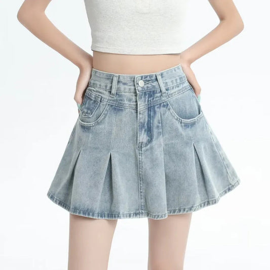 Retro Denim Skirt Summer A- Line Pleated Skirt For Women