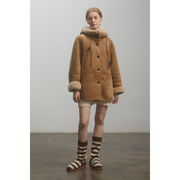 Fireladyfur "Danish Winter" Shearling Coat | Short & Hooded Suede Style"Danish Winter"