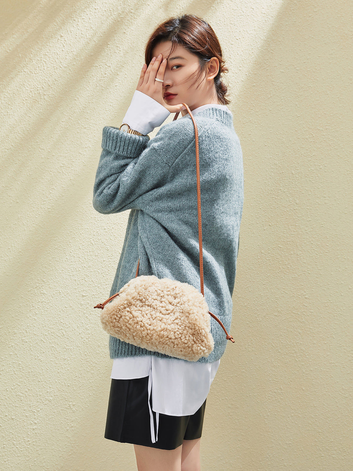 Apricot Beige Furry Double Thin Strap Shoulder Bag-4