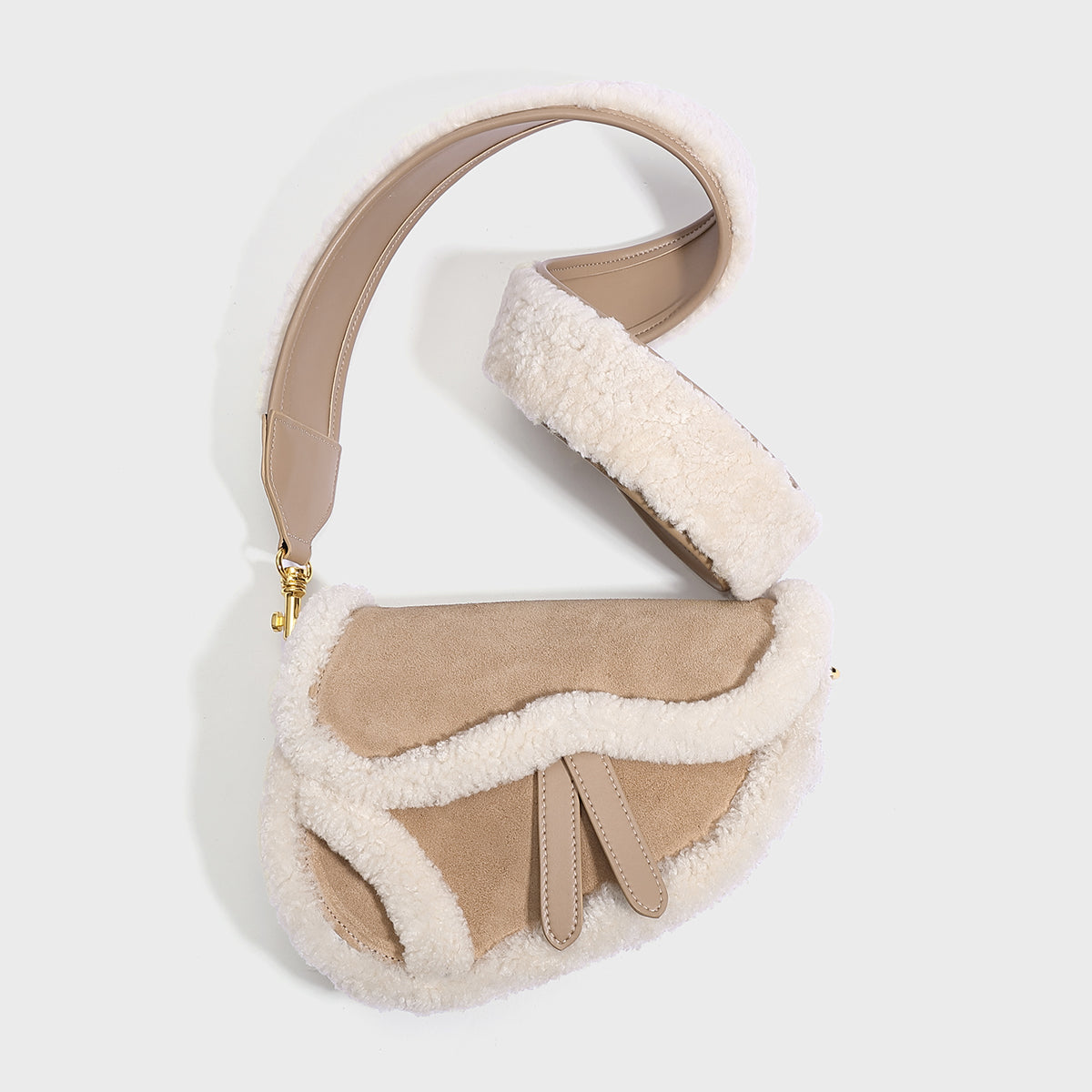 Apricot Beige Furry Saddle Shoulder Bag-0