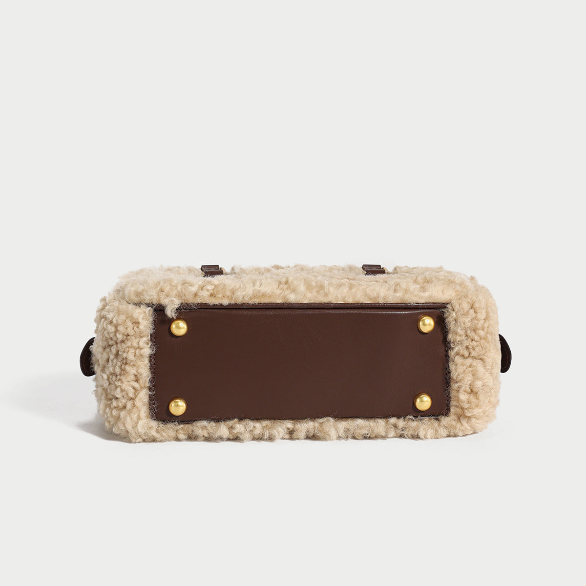 Beige Sherpa Fur Trimmed Elongated Top Handle Bag-2