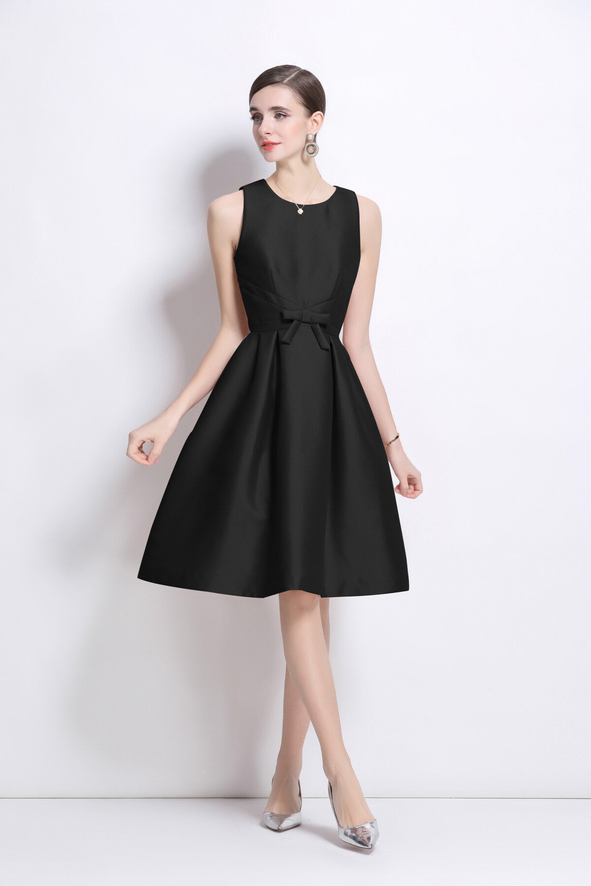 Belted Bowknot Satin Fitted Midi Dress-1