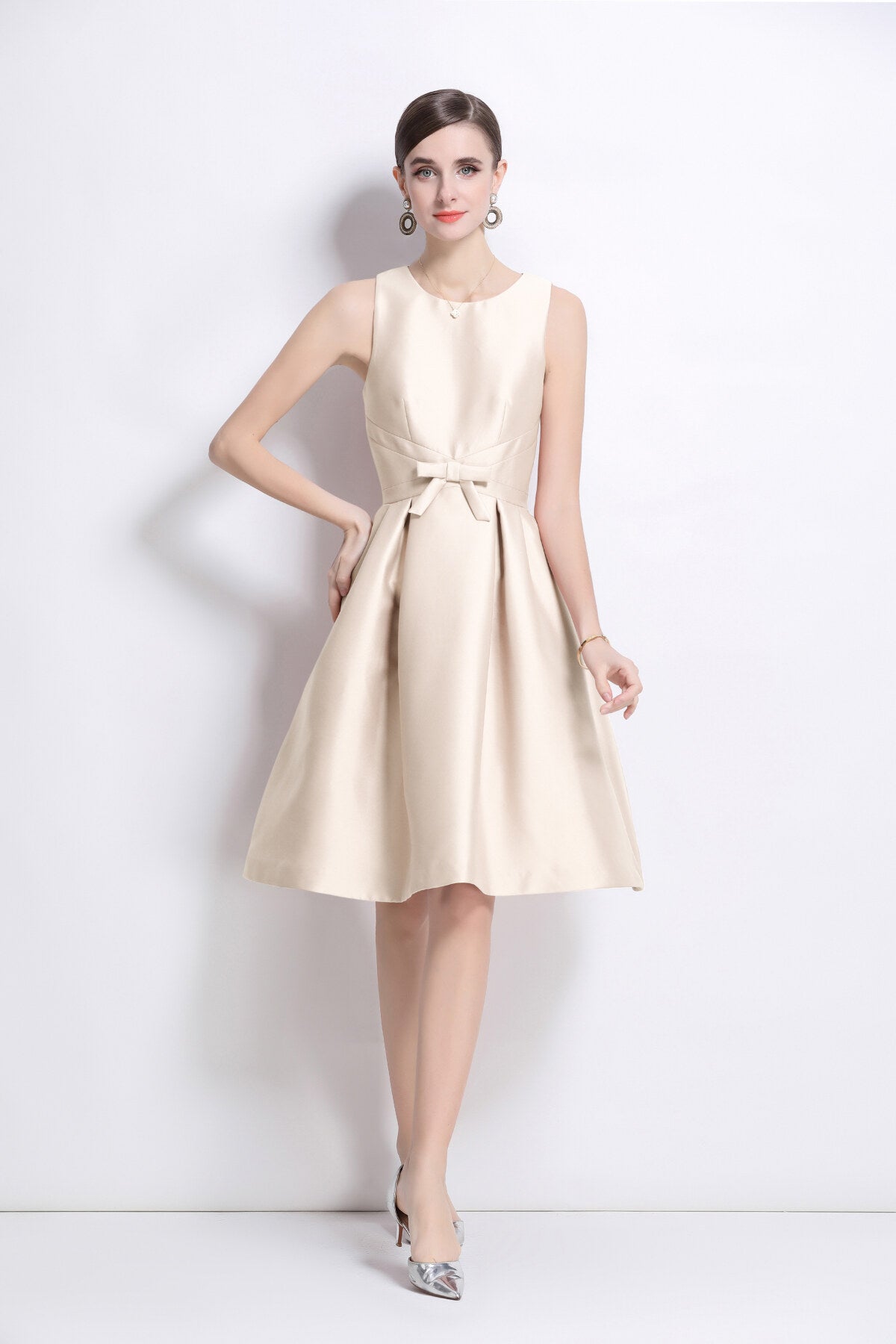 Belted Bowknot Satin Fitted Midi Dress-3