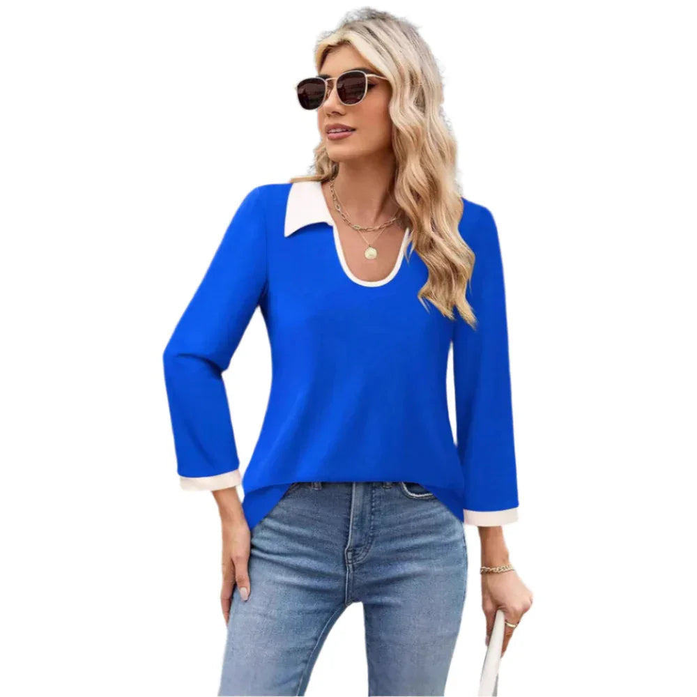 Color Matching Lapel Collar Long Sleeve Top T-Shirt For Women
