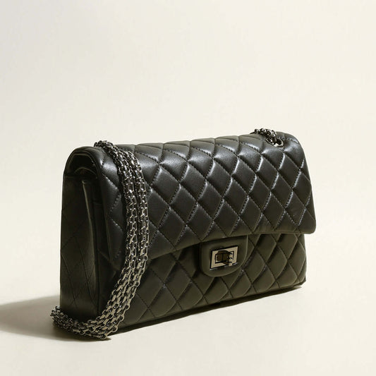 Capacious Black Quilted Bag with Metallic Chain Straps-1