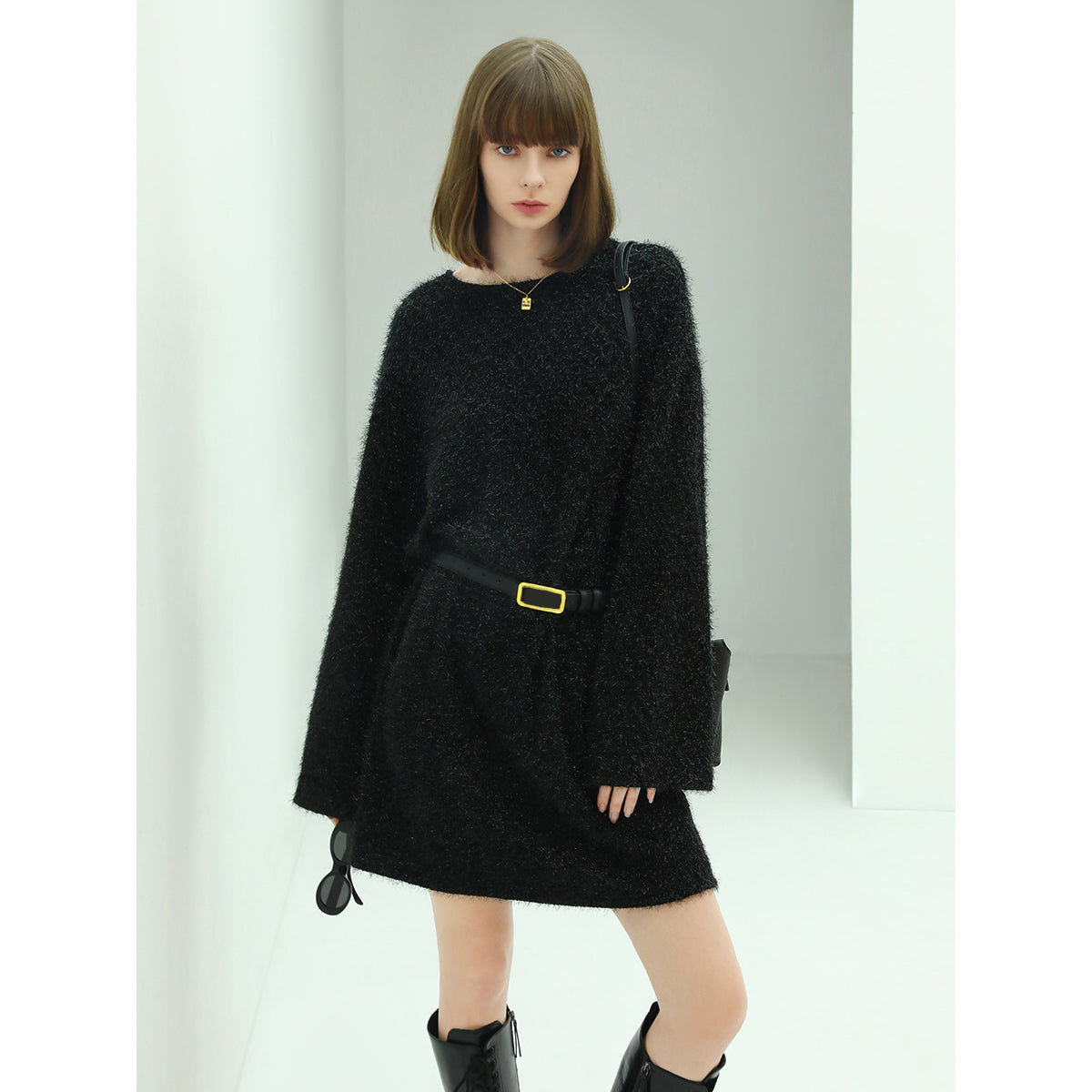 Classic Glittery Black Straight Knit Dress-2