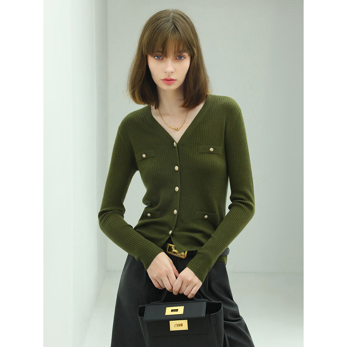 Classic V Neck Rib Green Knit Cardigan-0