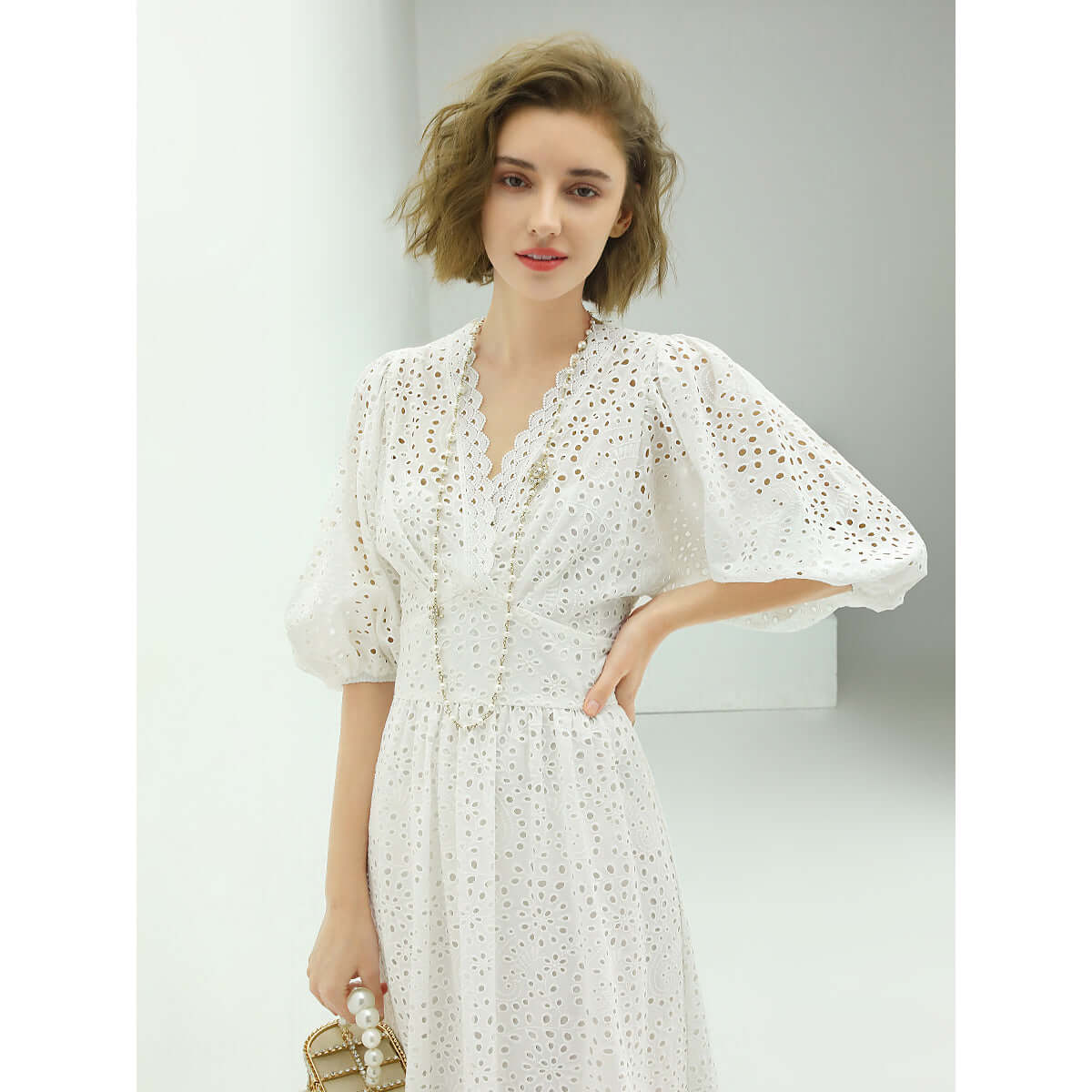 Delicate French Lace Cutwork White Cotton Dress-2