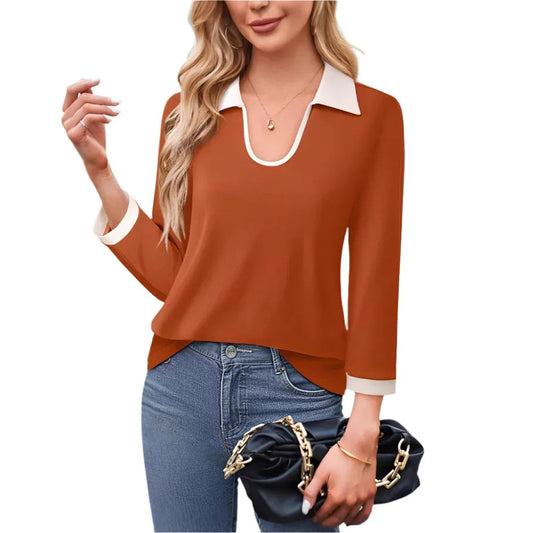 Color Matching Lapel Collar Long Sleeve Top T-Shirt For Women