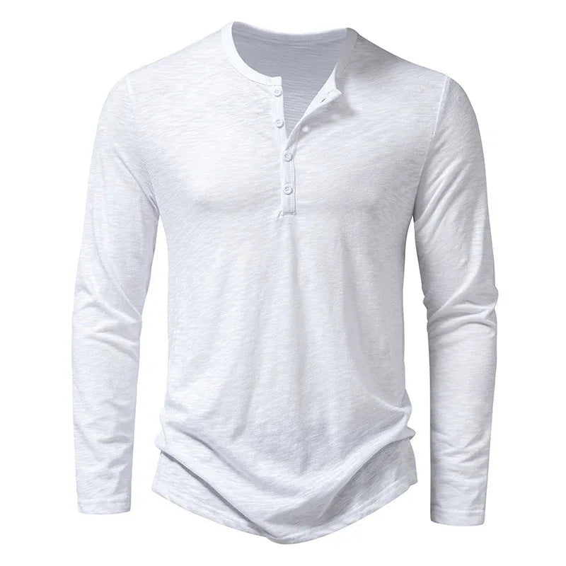 Men's Long-Sleeved T-Shirt Fashion Casual Solid Color Pullover Button Top Autumn And Spring Clothing