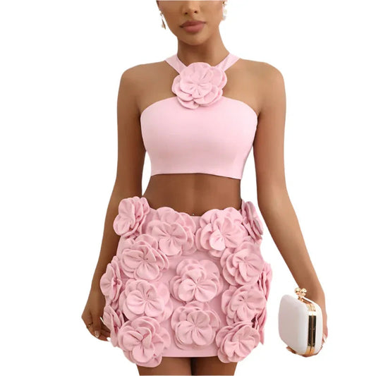 Fashion Clothing Set Crop Top & Decorative Flower Skirt