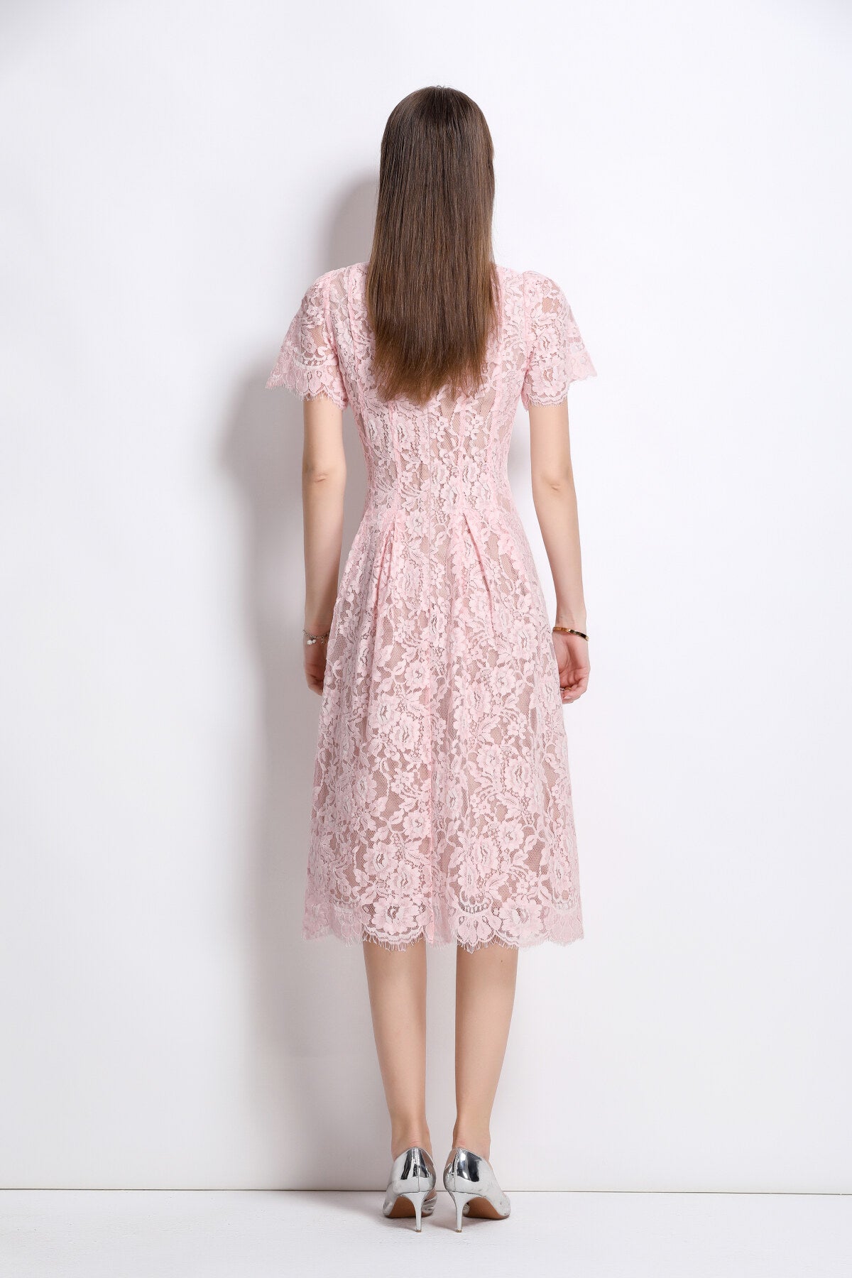 Flamingo Pink Sheer Floral Lace Dress-3