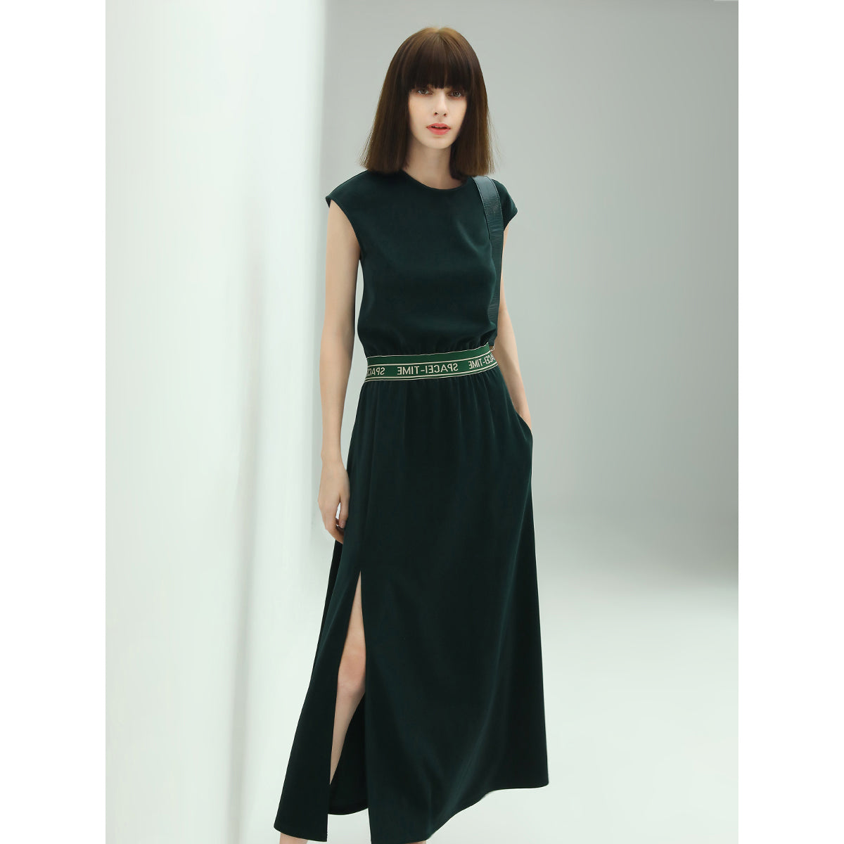 Floor Length Liquid Green Dress with Capped Sleeves-0