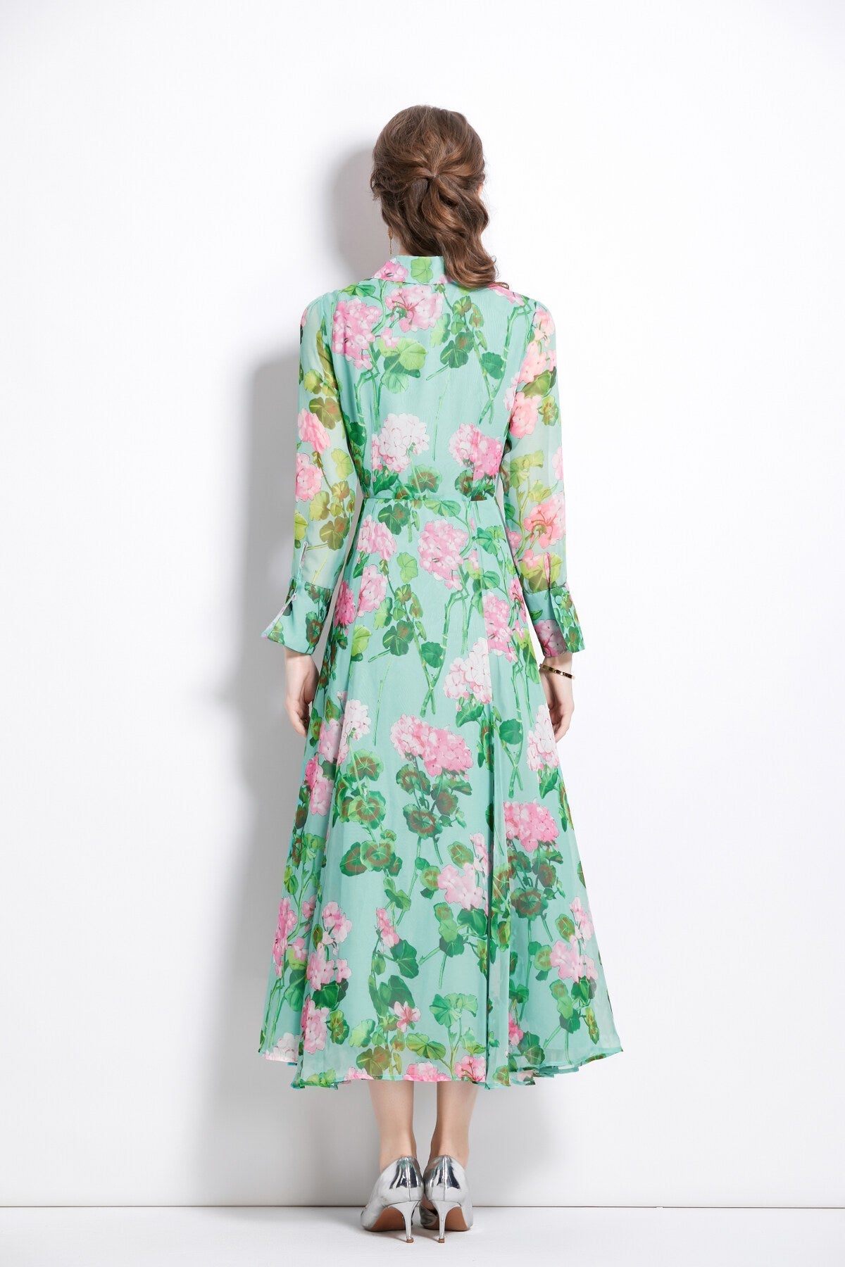 Floral Green Flared Waist Cinching LongSleeve Shirt Dress-3