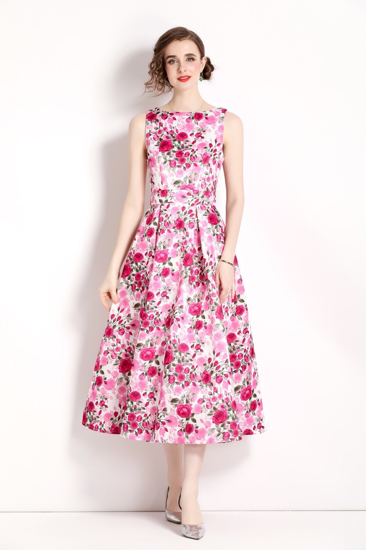 Floral Pink Sleeveless Midi Dress-0