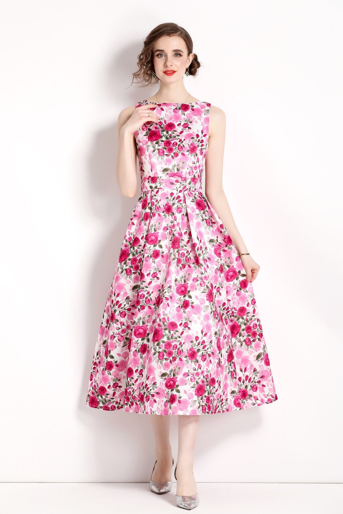 Floral Pink Sleeveless Midi Dress-2