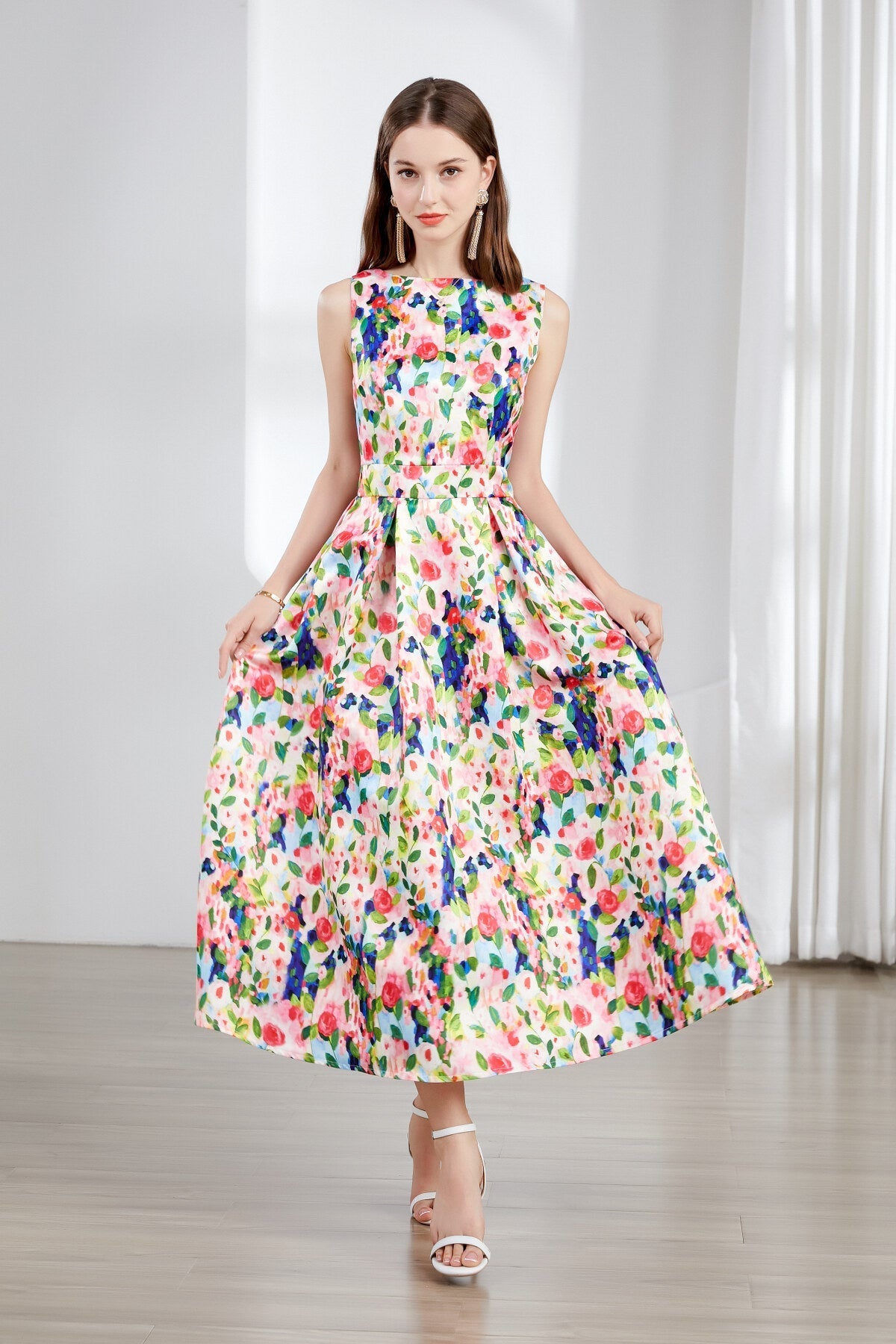 Floral Sleeveless Boatneck Flared A Line Midi Dress-2