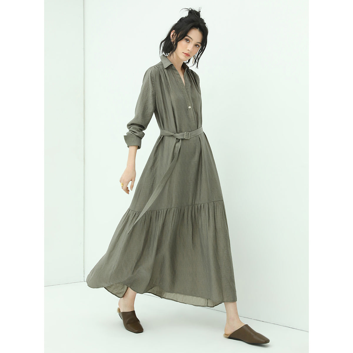 Flowy Belted Olive Shirt Dress with Pleats-2