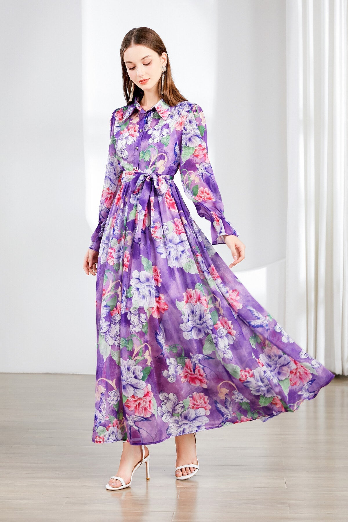 Fragrant Lavender Ruched Waist Ruffle Cuff Long Dress-2