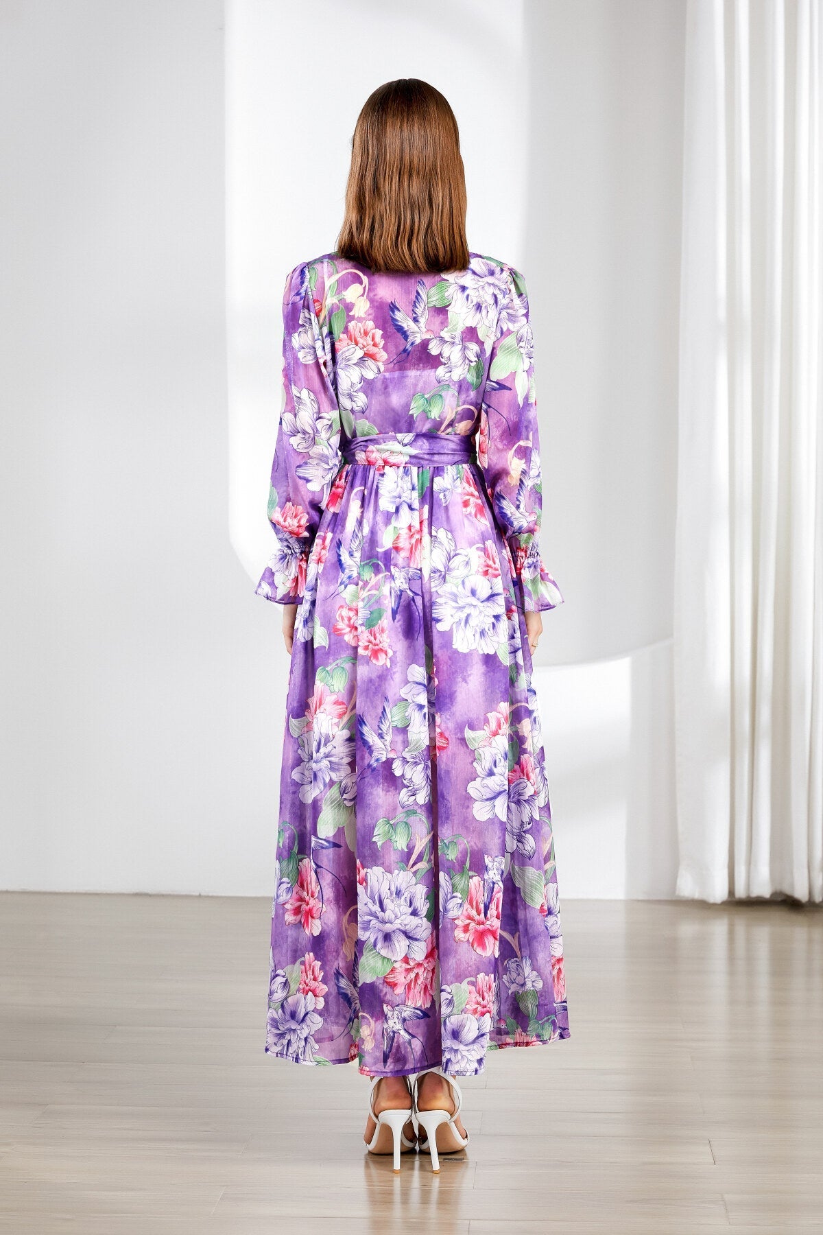 Fragrant Lavender Ruched Waist Ruffle Cuff Long Dress-3