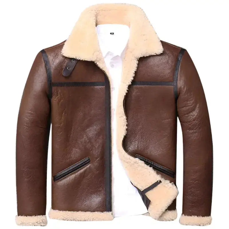 Brown leather jacket with beige fur lining on a white background