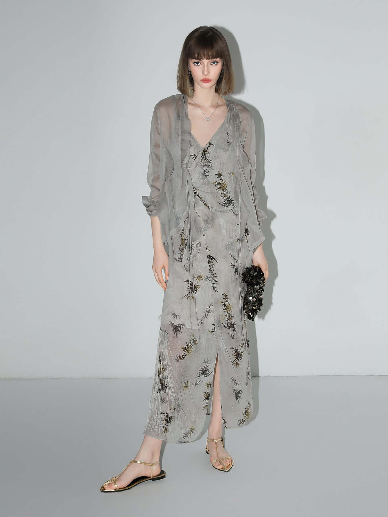 Grey Bamboo Foliage Asymmetrical Wrap Dress-1