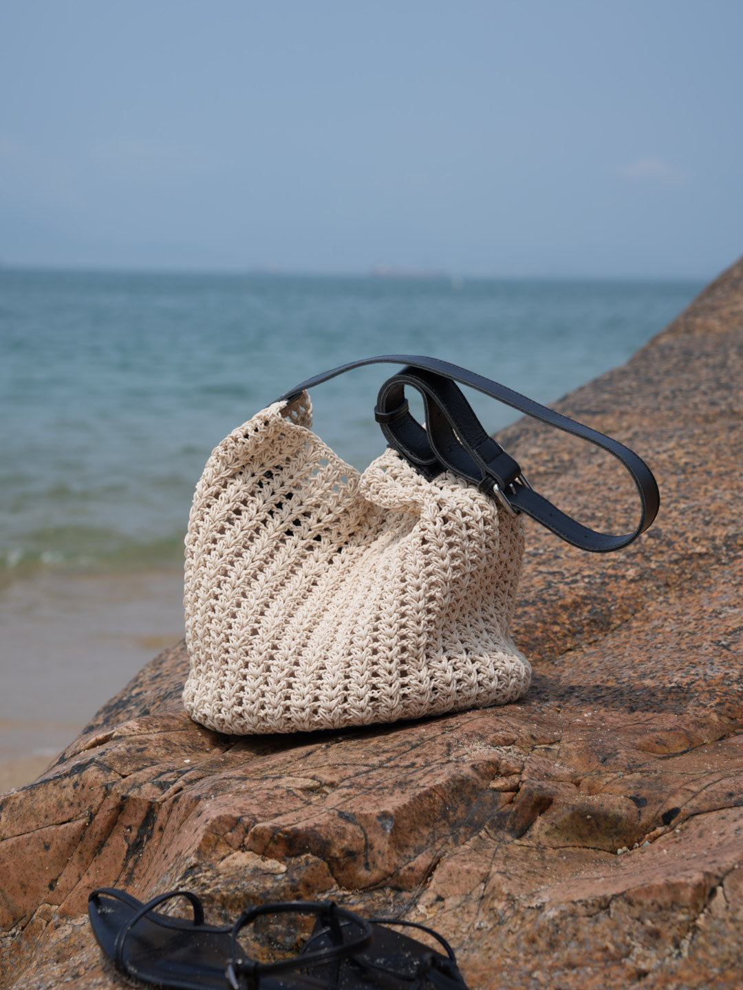 Medium White Beach Tote Bag with Blue Leather Straps-3