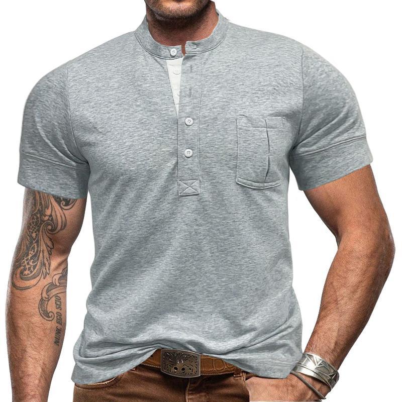 Men's Round Neck Short Sleeve Chest Pocket Polo Shirt