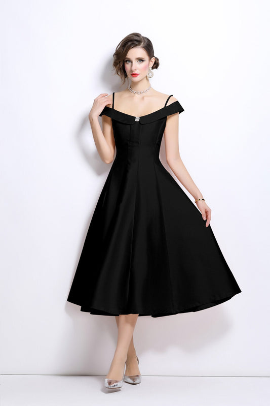 Off Shoulder Sweetheart Neckline Calf Length Dress-1