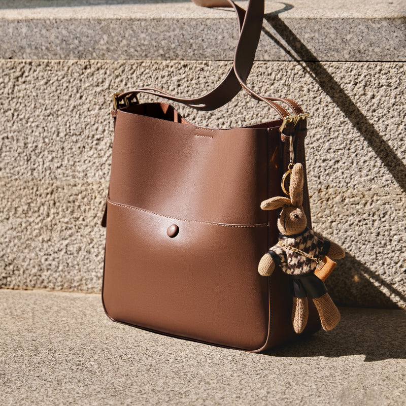 Rabbit Charm Cappuccino Crossbody Bucket Bag-4