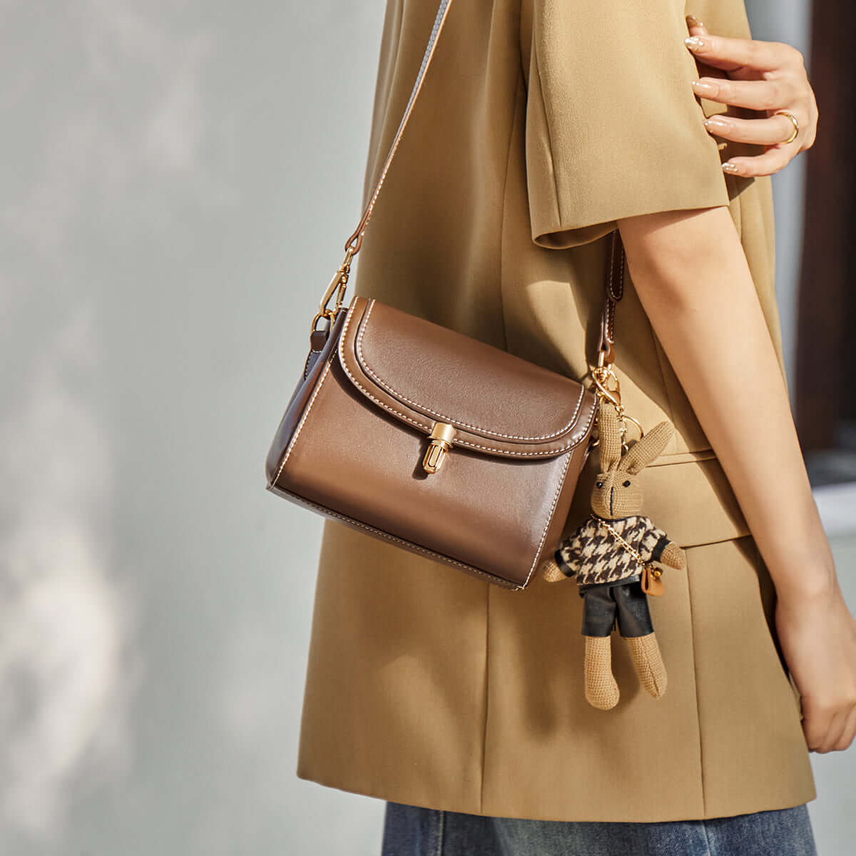 Rabbit Charm Contrast Leather Shoulder Bag-2