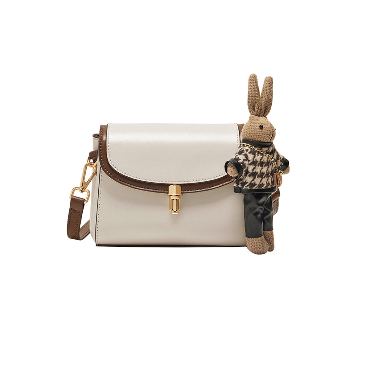 Rabbit Charm Contrast Leather Shoulder Bag-5